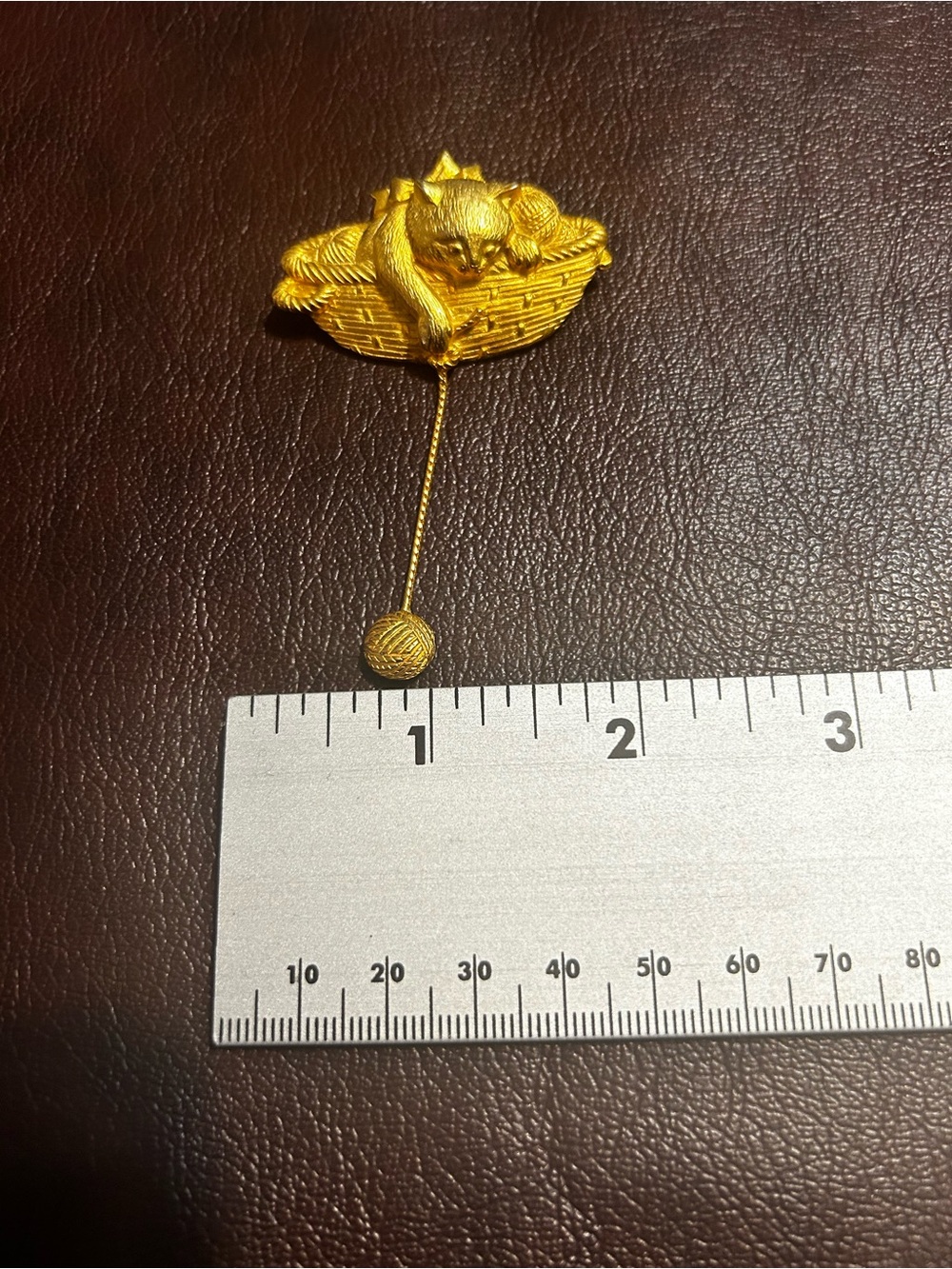 Vintage JJ Jonette Jewelry Gold Cat in Basket Stick Pin Brooch - Gold Tone